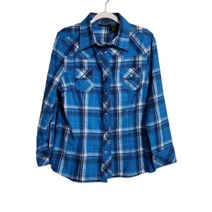 Stillwater Supply Co. Plaid Flannel Pearl Snap Western Blue Women's Sz L